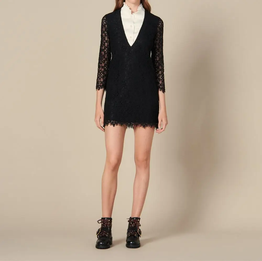 

Autumn Winter False Two Pieces Stringy Selvedge Patchwork Lace Hollow Out Black Dress Women