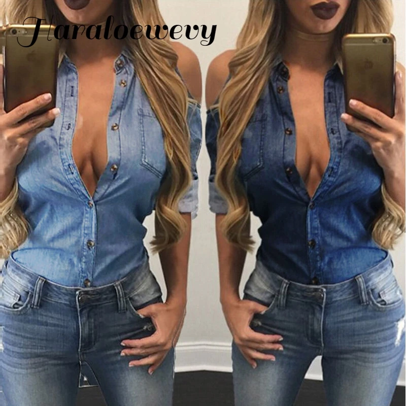 Новинка 2017 женская рубашка сексуальная с открытыми плечами синий карман