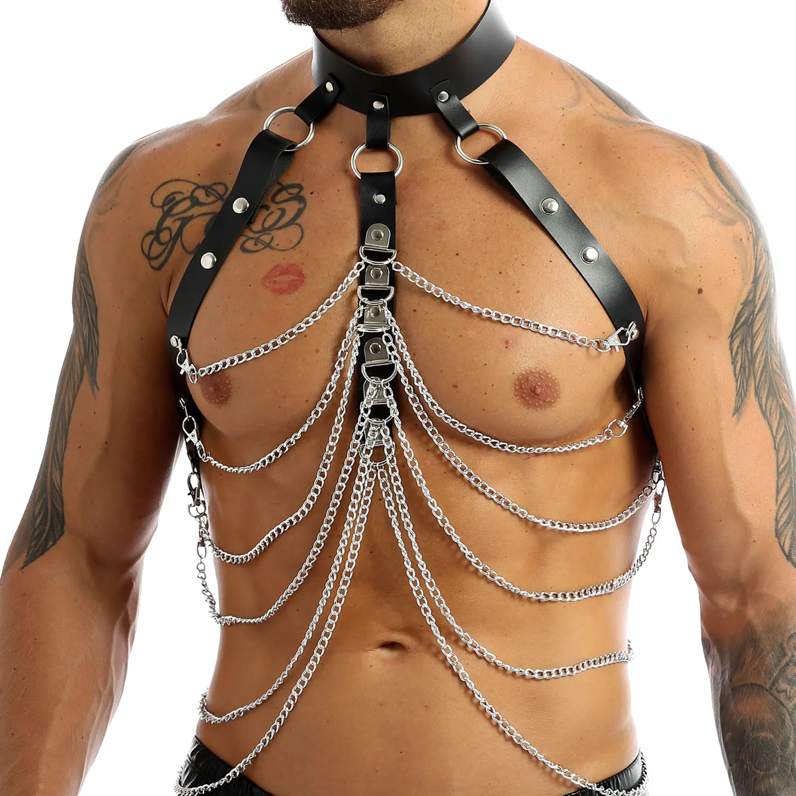 Mens Fashion Harness Party Clubwear Body Shoulder Chest Belt Buckle PU Leather Harness Gay Male Punk Gothic Metal Chain Halter punk gothic women s body corset tie bra underwear belt set harness sexy garter bondage chest straps nightclub party accessories