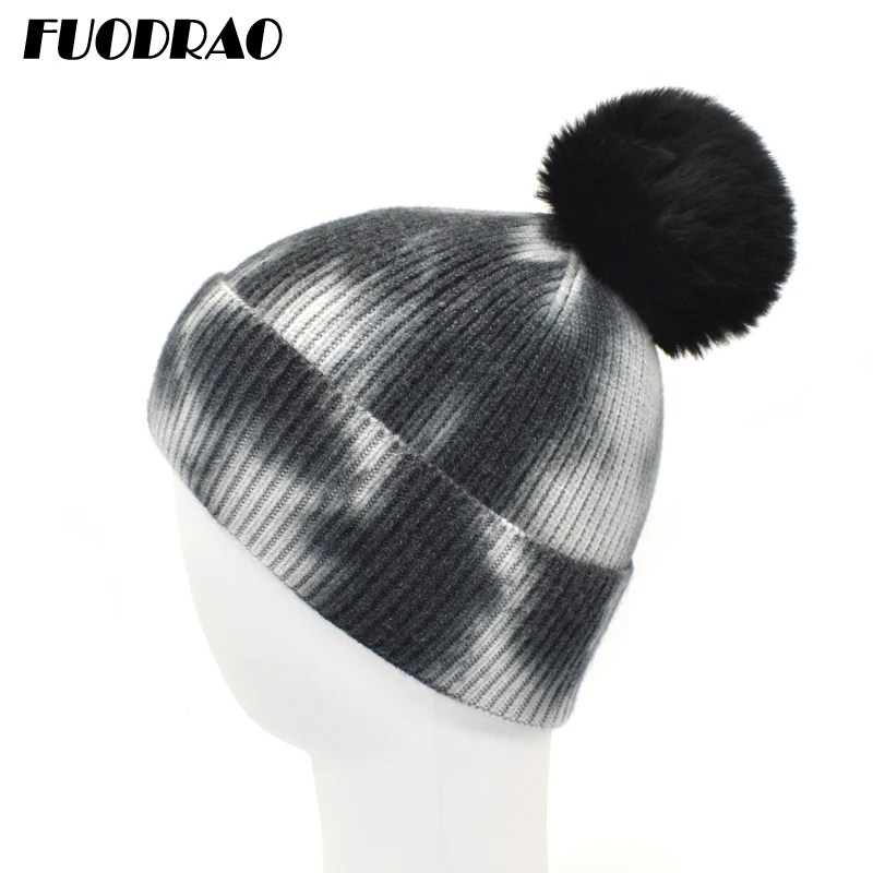 

FUODRAO 2020 New Autumn And Winter Pom Poms Tie-Dye Knitted Hat Beanie Hat Women Outdoor Wool Warmth Men's Soft Stretch Hat Z13