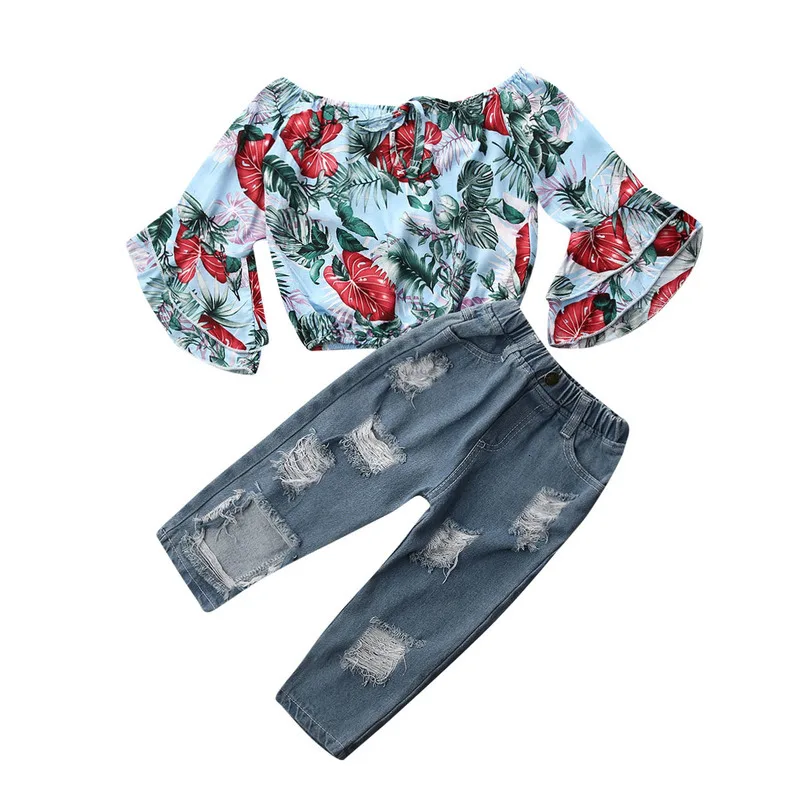  Years Kid Baby Girl Floral Cotton Crop Tops Newborn Denim Pants 2pcs Outfit Set 1-6 Shirt+jeans