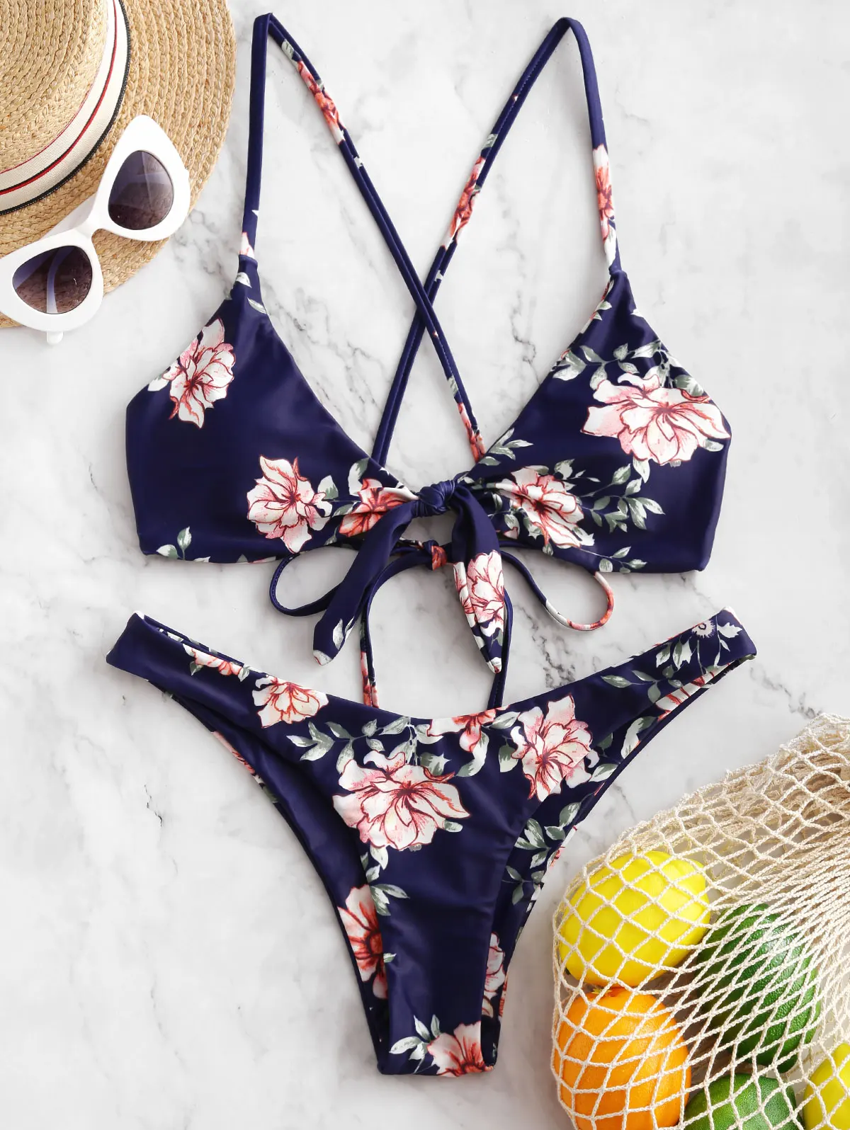  ZAFUL Criss Cross Knotted Flower Bikini Swimsuit Hot Sale Spaghetti Straps Floral Wire Free Padded 