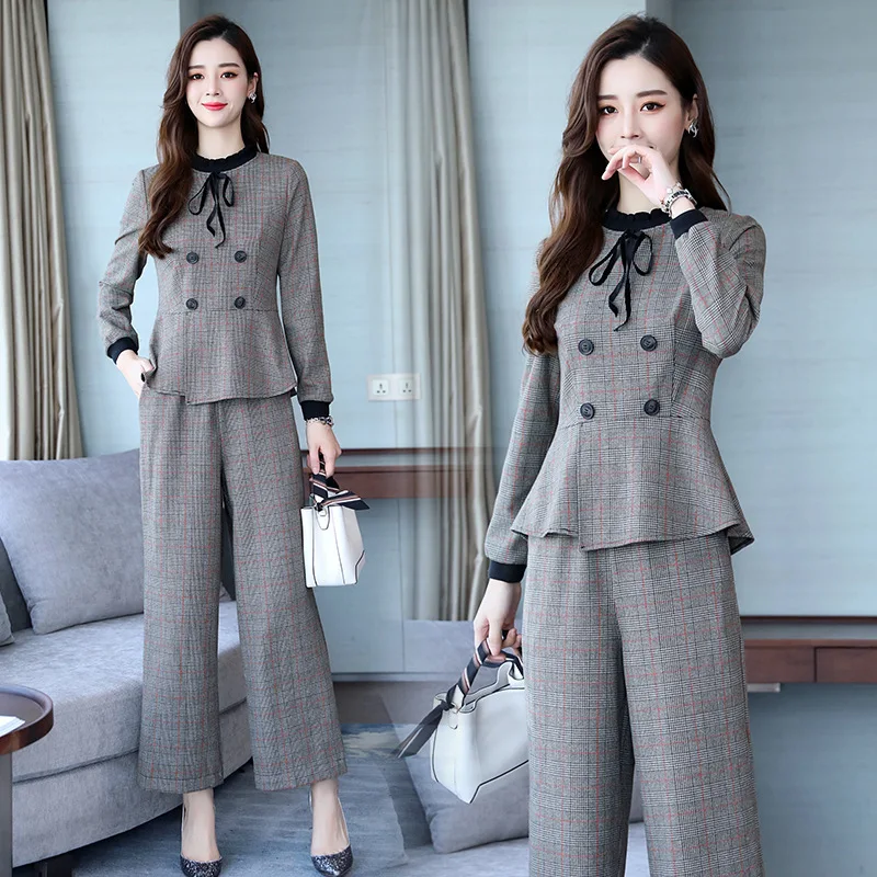 

Female Autumn 2018 New Style Korean-style Waist Hugging Slimming Long Sleeve Plaid Hipster Two-Piece Set Loose Pants Leisure Sui