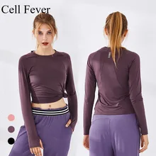 Женский топ для йоги с длинным рукавом, однотонные спортивные топы, Спортивная футболка для фитнеса, быстросохнущие топы для йоги с отверстием для большого пальца, рубашки для тренировки
