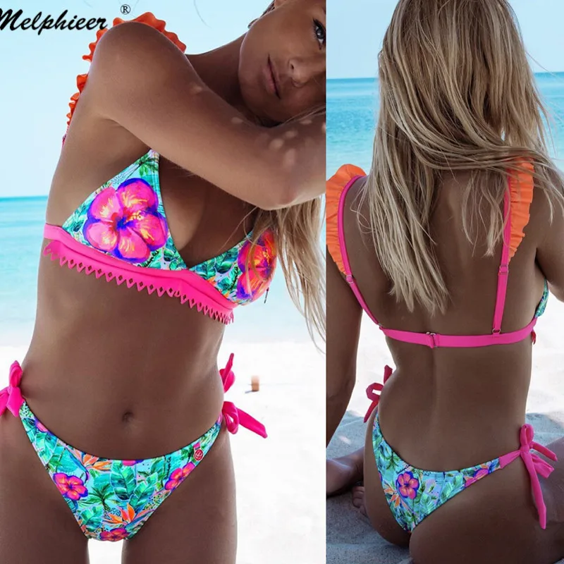 

Melphieer 2020 New Print Ruffle Bikinis Set Girls Sexy Push Up Bikini Swimwear Women's Swimsuit Biquini Bathing Suit Women mujer