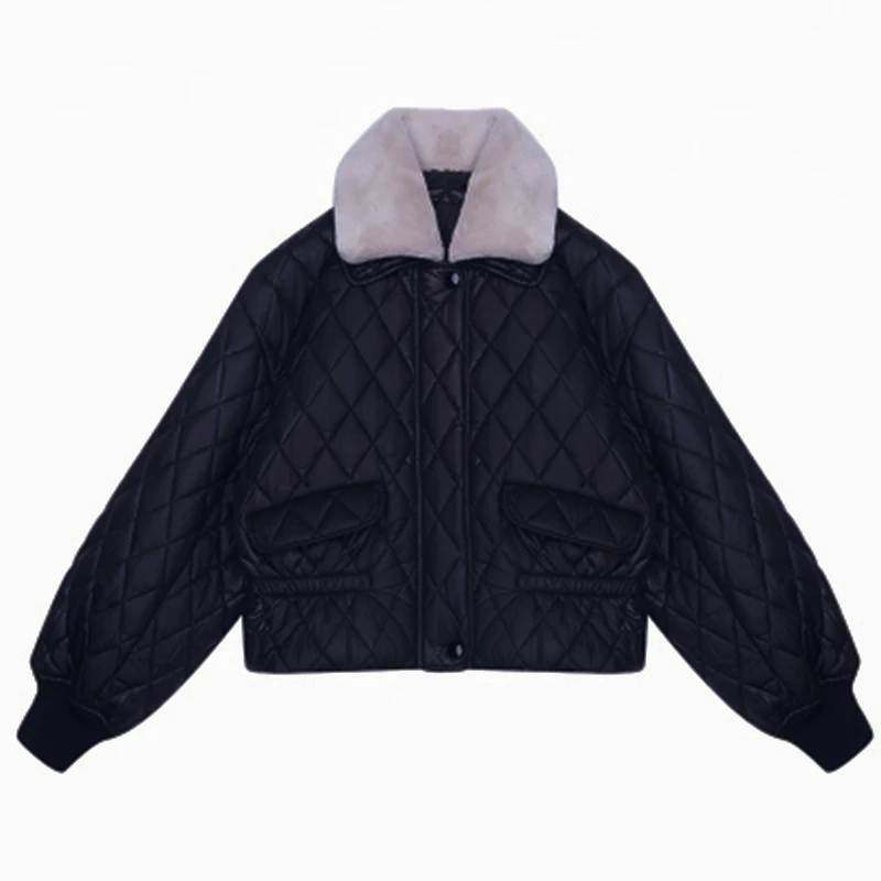 Контрастная хлопковая куртка с искусственным мехом и отворотами в клетку со стразами на талии, зимняя теплая хлопковая куртка, короткая универсальная куртка - Цвет: Черный