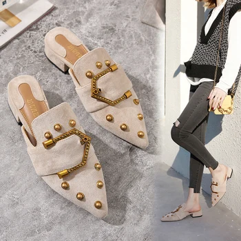 

2020 Summer Women Mules Shoes Black Pointed Toe Med Heel Slippers Fashion Flip Flops Rivet Designers Woman Dress Slip On Slipper