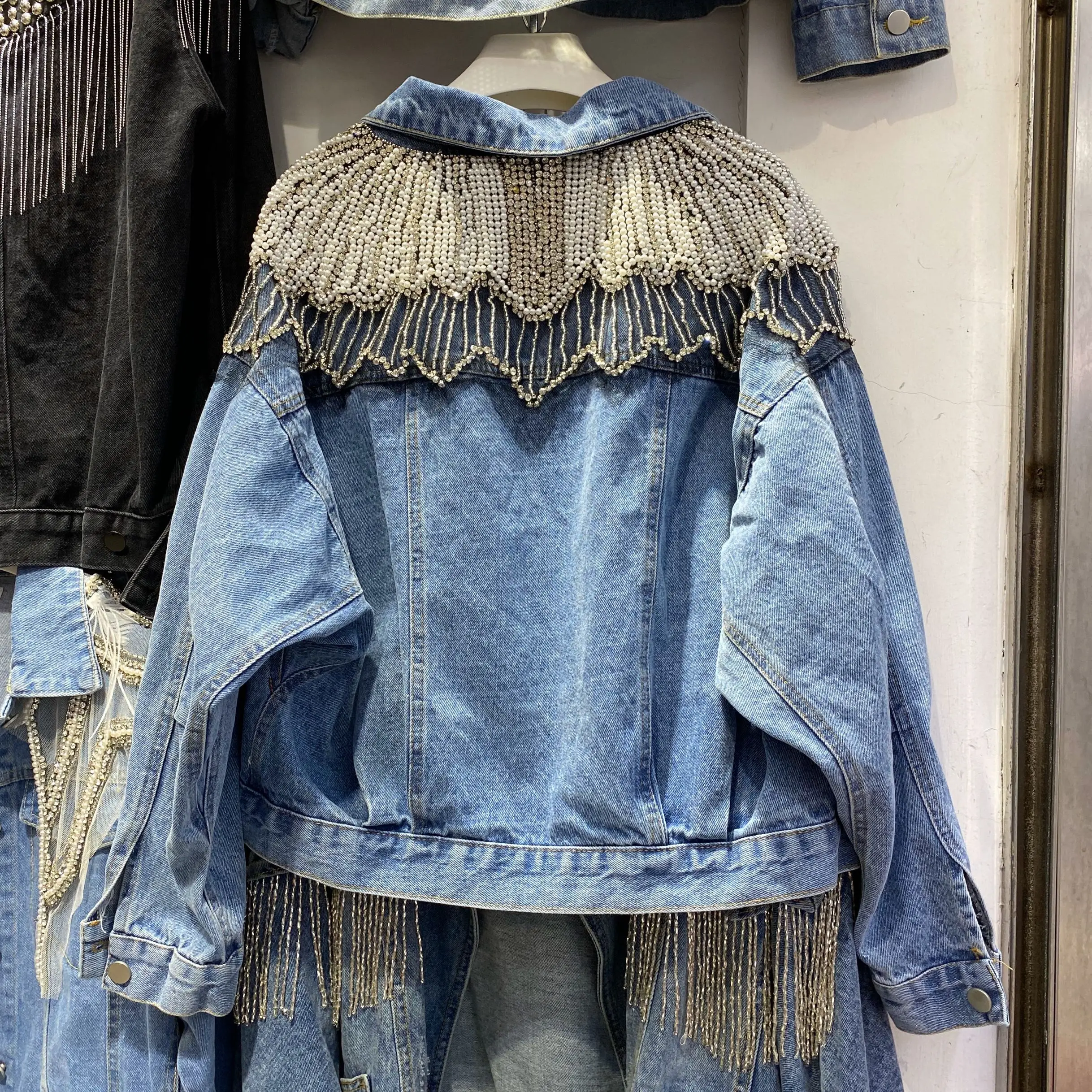 

Harajuku Style Jean Jacket for Women European Heavy Handmade Beaded Bracelet Diamond Loose Denim Coat Chaqueta Mujer 2020