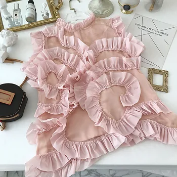

Women Blouse 2020 Summer New Korean Sleeveless Three-Dimensional Ruffled Chiffon Shirt Mesh Blouse Ladies Blouses Blusas