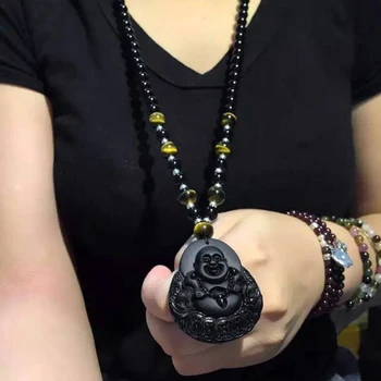 

natural agate Buddha Pendant Necklace for fortune transfer Obsidian Maitreya Buddha Pendant women's sweater chain long