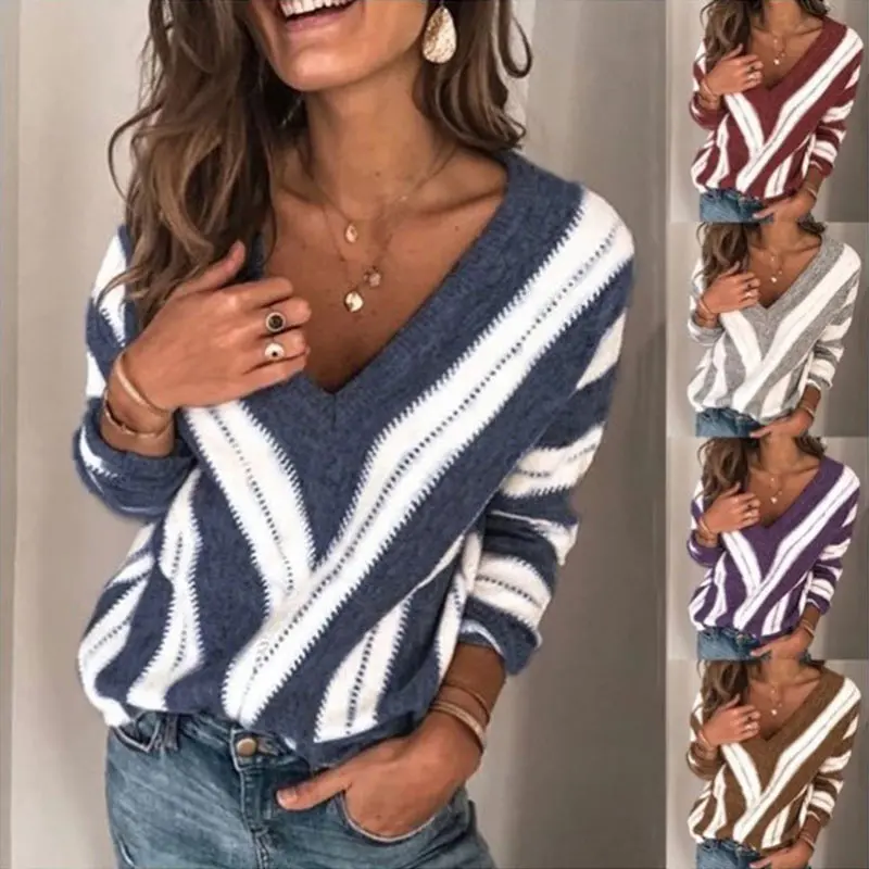 

Fashion Womens V Neck Sweater Strips Pullover Long Sleeve Oversized Loose Sweatshirts Fall Winter SNO88