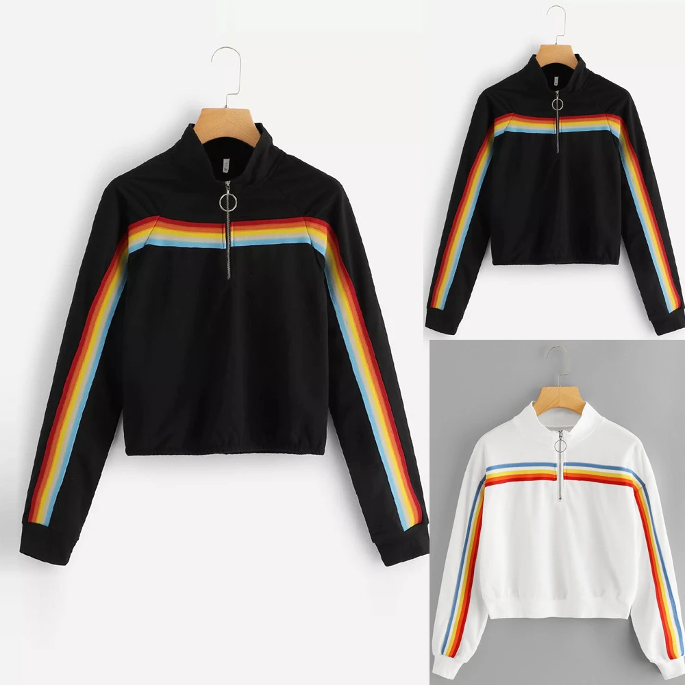 Ladies Zipper Half Placket Sweatshirt Contrast Tape Side Stand Turtleneck Autumn Casual Women Crop Tops Girls Ladies 809