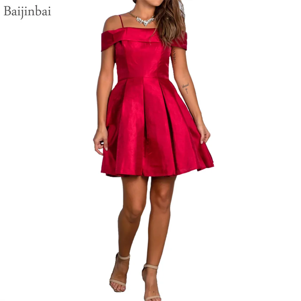 

Baijinbai Burgundy Off Shoulder Short Homecoming Dresses A-line Cute Pleated Prom Cocktail Dress Satin Party Gowns Women Formal