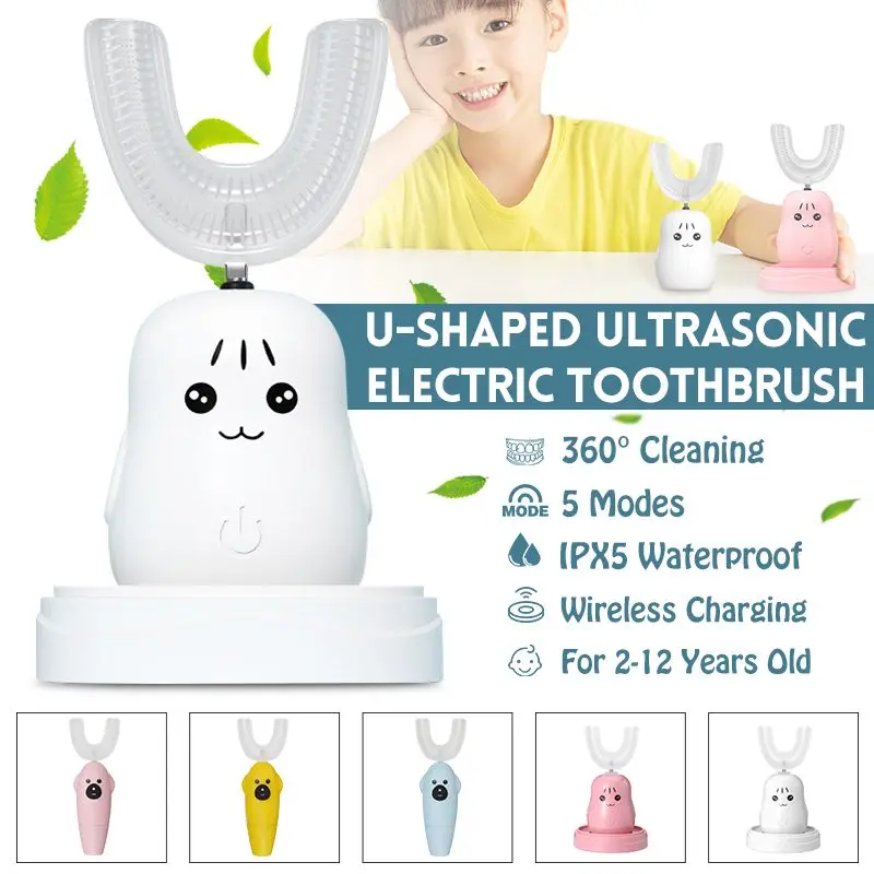 Cepillo de dientes eléctrico para niños, limpieza inteligente de 360 °, silicona en U, USB, ultrasónico automático