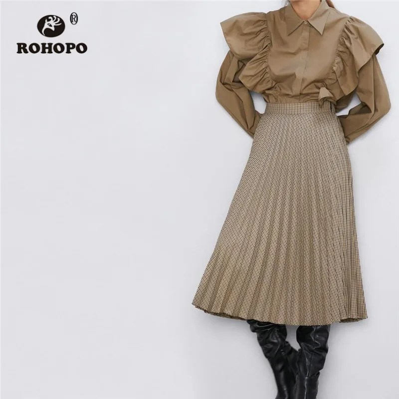 

ROHOPO High Waist Houndstooth Pleated Midi Skirt Autumn Ladies Brown Plaid Accordion Maxi Multiways Mid Calf Falda #1362