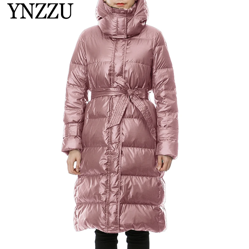 

Winter Women Long Down jackets with belt 2019 Long sleeve hooded Female Down coat Elegant Loose Light Warm Overcoat YNZZU YO996