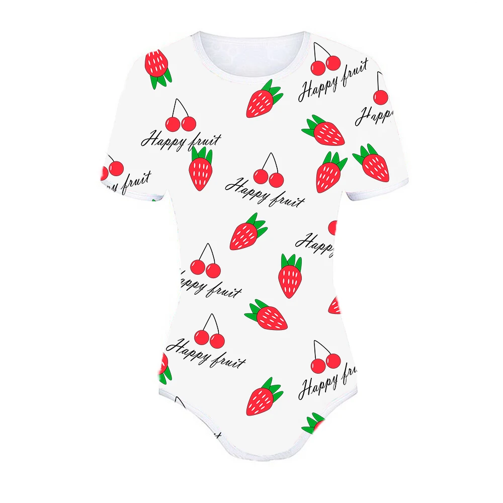 OMSJ 2020 Summer New Short Sleeve Slim Strawberry Print Bodysuit Sweet Style Sleep Party Short Jumpsuits White O neck Female One sexy bodysuit