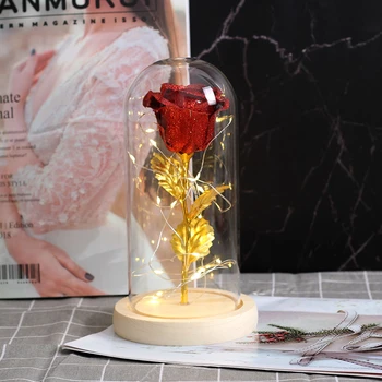 

Artificial Flowers Red Roses Decoration Beauty and the Beast with Glass Dome Wood Base Fake Flowers for New Year Valentine Gifts
