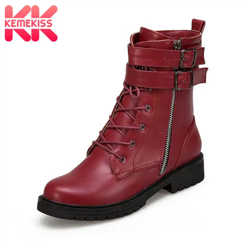 

KemeKiss Women Ankle Boots Fashion Buckle Zipper Lace Up Motorcycles Shoes Women Winter Warm Casual Flats Boots Size 34-43