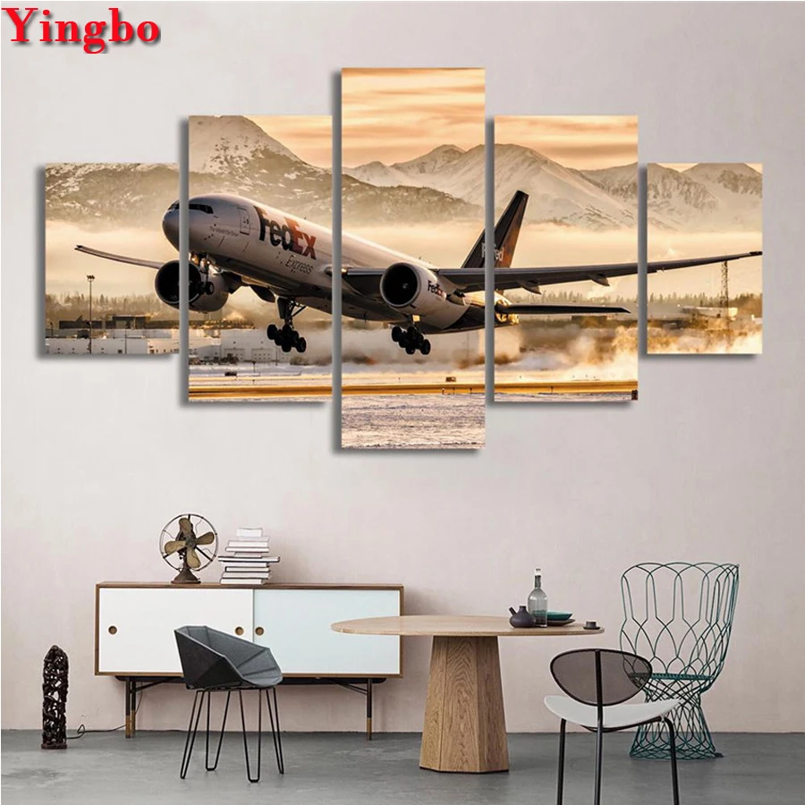full square drill 5D Diy Diamond Painting Cross Stitch 5 pcs Airplane landscape Mosaic Full circle Embroidery | Дом и сад