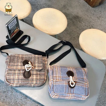 

Beibaobao 2020 women crossbody bag woolen plaid retro student messenger bag horn buckle flip fashion bag wild flap