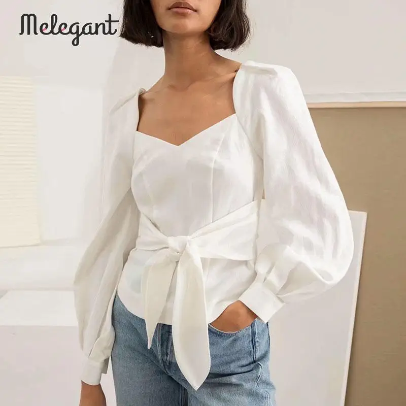 

Melegant vintage elegant white blouse women shirts bow wrap blusas femme retro party square collar blouses tops