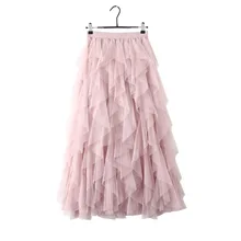 

Spring Mesh Skirt Warm Cake Layered Long Mesh Skirts Princess High Waist Ruffled Vintage Tiered Tulle Pleated Ins Vintage Skirts