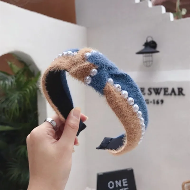 Khaki blue Зимние высококачественные аксессуары для волос, женские норковые волосы, контрастный цвет, завязанные жемчугом, широкая повязка с козырьком, повязка для волос для девочек, головной убор - Цвет: Khaki blue