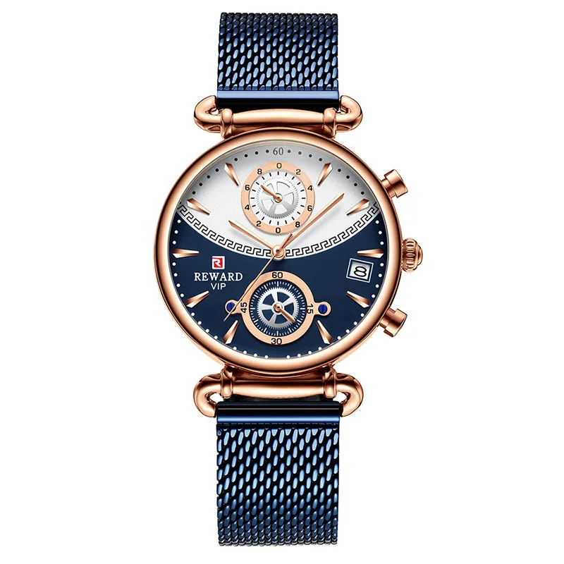WOMEN-BLUE Женские часы, брендовые Роскошные спортивные часы с хронографом, женские часы под платье из розового золота, полностью Стальные наручные часы с сетчатым ремешком В миланском стиле - Цвет: WOMEN-BLUE