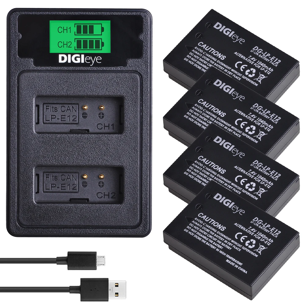 

LP-E12 E12 Battery 4 Pack and Dual LCD Charger Compatible with Rebel SL1, M2, M10, M50, M100, Rebel SL1, 100D camera