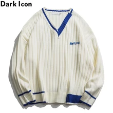 Темный значок с v-образным вырезом, цветные контрастные уличные свитера для мужчин и женщин, большой свитер в стиле хип-хоп, уличная одежда, свитер для мужчин