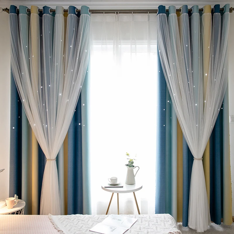 

Lace Elegant Curtain Colorful Hollow Star for Boy Kids Room Bedroom Double layer Blackout Window Tende Drapes Cortina M080C