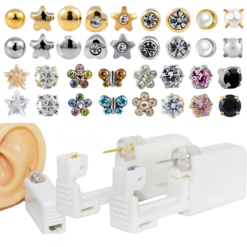 Orelha estéril descartável unidade piercing cartilagem tragus helix piercing arma ferramenta kit construir em aço parafuso prisioneiro brinco estrela bola