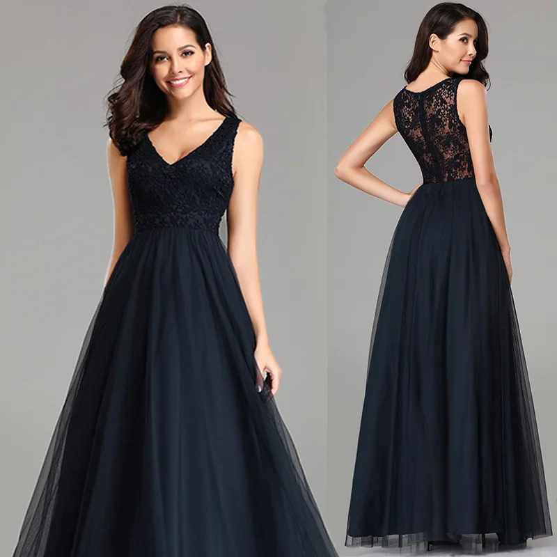 

YULUOSHA New Solid Color Dress V-neck Lace Stitching Mesh Large Swing Black Evening Sexy Dress Vestidos De Fiesta De Noche