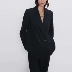 Outono e inverno jaqueta blazer feminino casual cor sólida casaco de bolso duplo decorativo