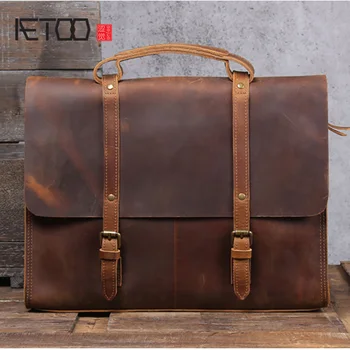

AETOO Vintage British head leather briefcase, men's minimalist mad horse leather laptop bag
