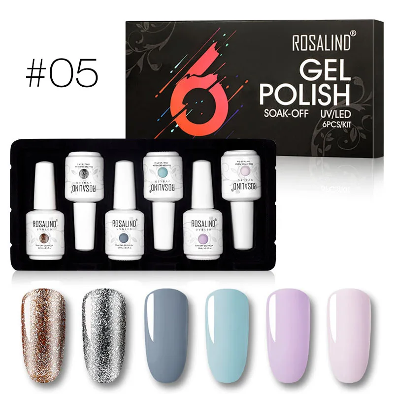 ROSALIND Manicure Set Gel Nail Polish Hybrid Varnish For Nail Art Poly Gel 6PCS/Kit 15ml Gel Lacquer Semi Permanent Base And Top - Цвет: 15 ml set 5