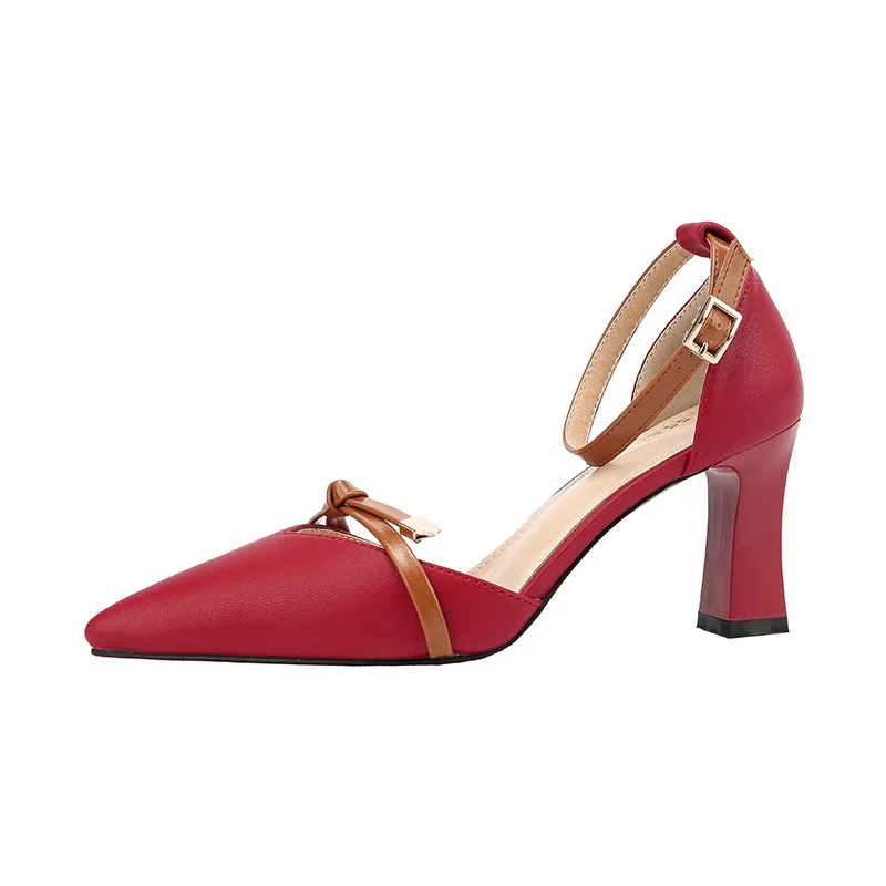 

new arrive spring summer shoes with buckle pointed toe high heels square heel solid elegant pumps women shoes tacones mujer 25