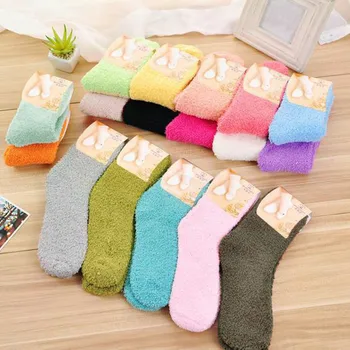 

New Arrival Velvet socks Home Women Girls Soft Bed Floor Socks Fluffy Warm Winter Pure Color Candy-colored coral Socks 3*3