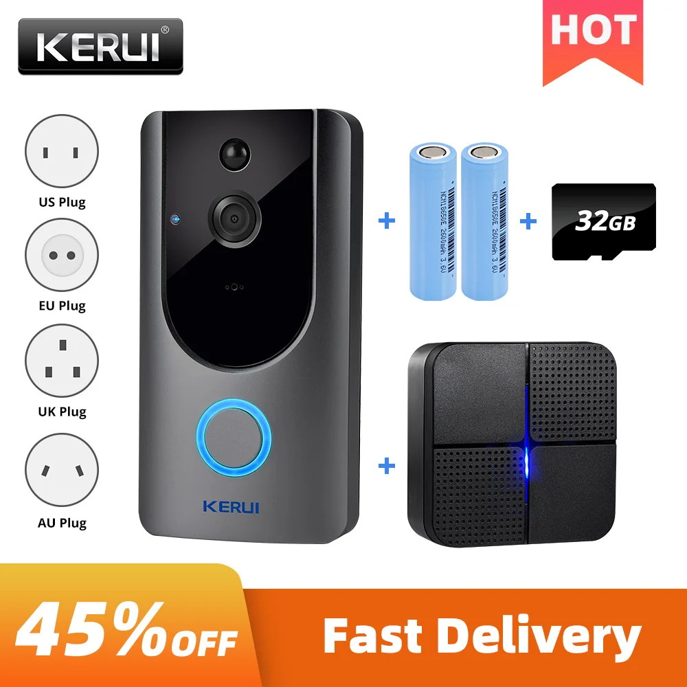 KERUI-timbre de puerta inteligente con batería para el hogar, intercomunicador inalámbrico con Wifi, alarma de seguridad, Sensor de teléfono, 720P