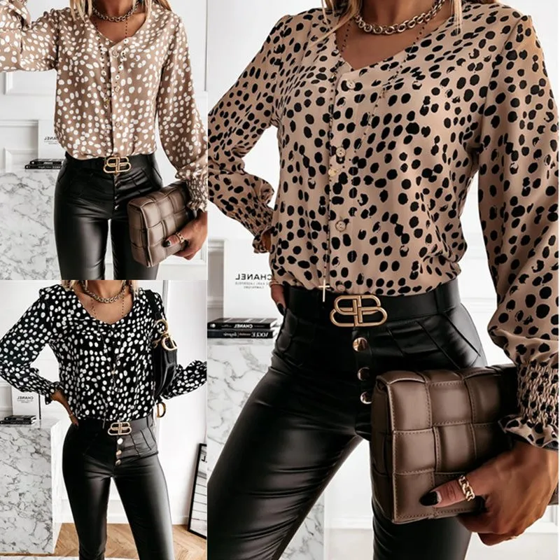 

2020 Women's Shirt Spring and Autumn Big Wave Point Close Cuff Leopard Print Chiffon Shirt Long Sleeve Cardigan Retro Casual Top