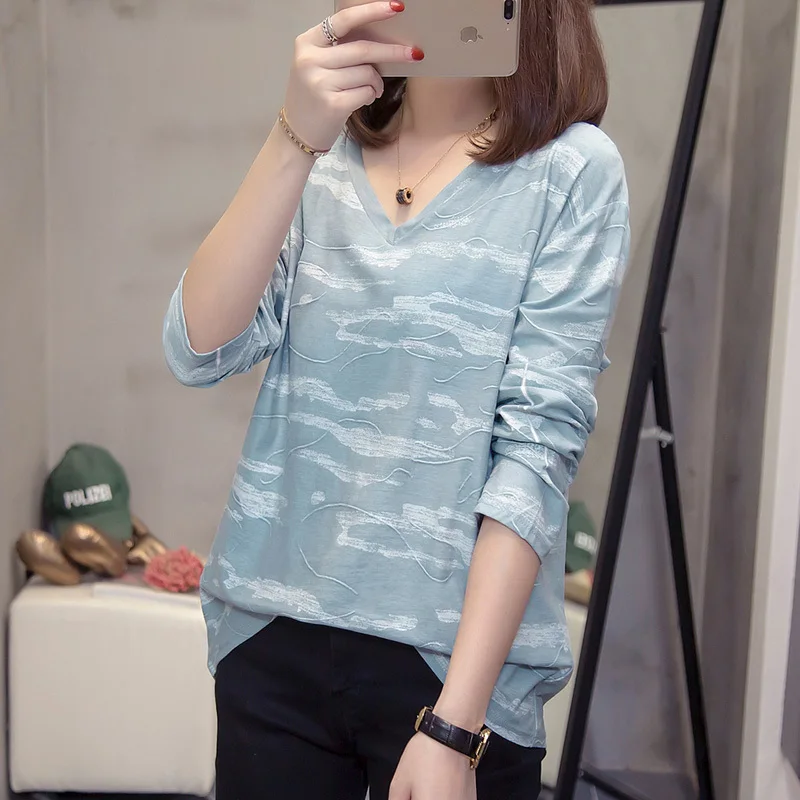 Большие размеры, женские футболки с v-образным вырезом, осень, модная одежда, эстетические топы с длинными рукавами, футболка, негабаритная Корейская Базовая футболка - Цвет: blue