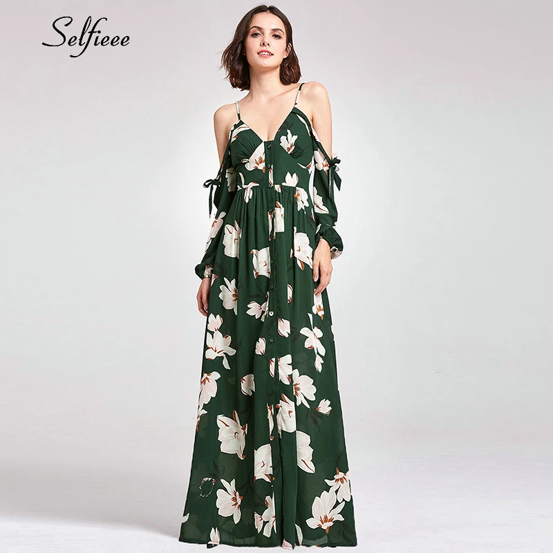 

Fashion Floral Printed Boho Dress Women A-Line V-Neck Cold Sleeve Spaghetti Straps Sexy Beach Dress Ladies Long Party Dress 2020