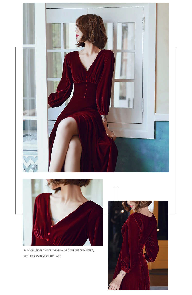 AE596 Robe De Soiree бургундское сексуальное велюровое вечернее платье для женщин ТРАПЕЦИЕВИДНОЕ с v-образным вырезом элегантное официальное вечернее платье