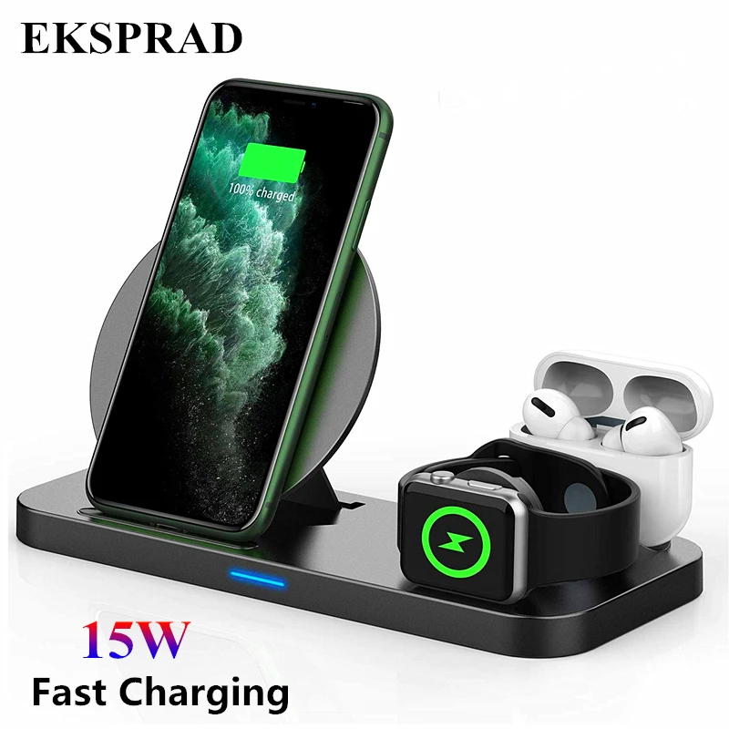 EKSPRAD 3 in 1 Wireless Charging 15W Fast Wireless Charger Stand for iPhone 12 11Pro XR XS X Apple Watch 5 4 3 2 Airpods Pro 1 2