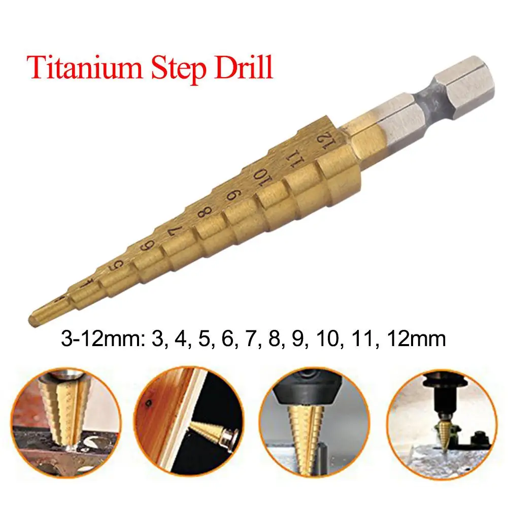 

HSS Step Drill Bit Set Titanium Coated 3-12mm Cone Hole Cutter 1/4'' Hex Shank Core Drill Bits Woodworking Tool For Metal Wood
