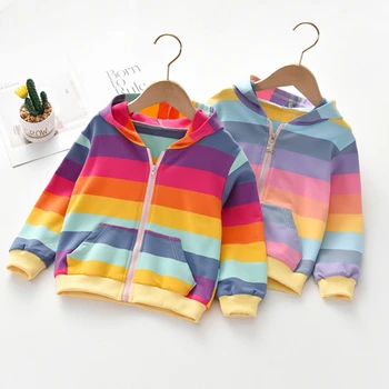 

Spring Autumn Baby Girl Outerwear Rainbow Striped Casual Hoodie Zipper Sweatshirt Kids Coat Outfits Tops 2-6T