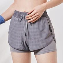 2 в 1 поддельные из двух частей спортивные шорты женские летние тонкие дышащие фитнес свободные Йога серый/черный s m l xl