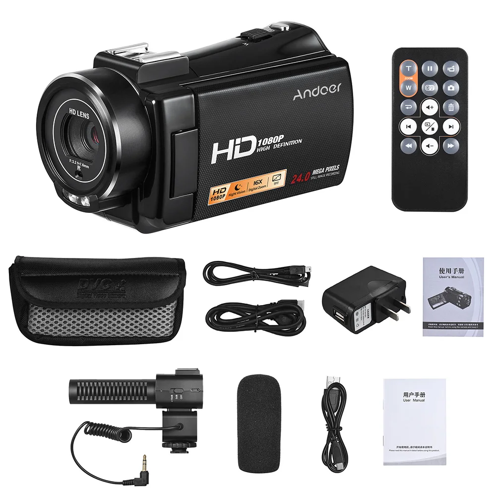 Andoer HDV-V7 PLUS 1080P Full HD 24MP домашняя цифровая видеокамера с дистанционным управлением, записывающее устройство ночного видения, поворотная ЖК-камера с микрофоном