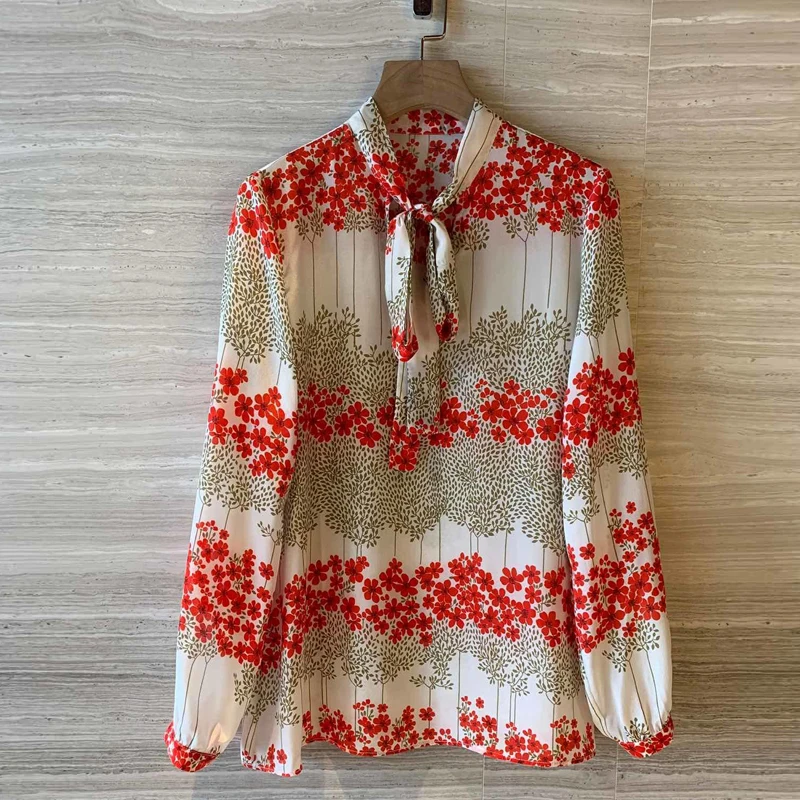 

Red RoosaRosee Runway Designer Women Silk Blouse Vintage Flower Print Long Sleeve Shirt Top Autumn High-end Female Clothes Lady